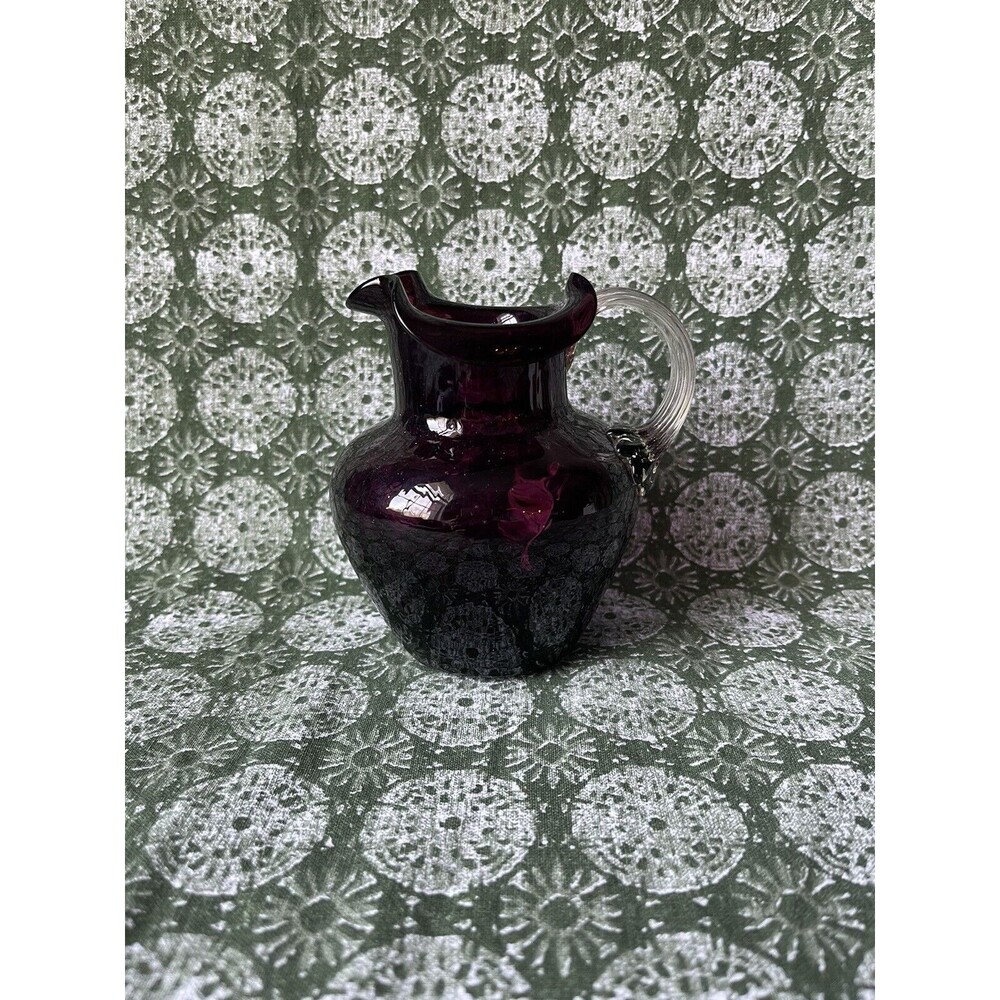Hand Blown Ruffle Edge Blown Glass Pitcher Beacon Amethyst Reverse Coin Dot 5440